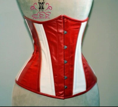 Espartilho Underbust de aço desossado couro ecológico cintura treinador vermelho e branco EUA - Imagem 1 de 4