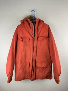 Vintage Snow Lion Orange Puffer Winter Jacket Mens Medium Full Zip Hooded Coat - Picture 1 of 16