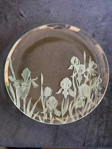Perry Coyle signed Etched Glass Iris 15” Platter - Picture 1 of 3
