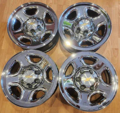 SET OF (4) 16" CHEVY SILVERADO, GMC OEM CHROME SKIN STEEL RIMS 16x6.5 1999-2008 - Image 1 of 4