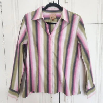 Westbound Gold Label No Iron Size 12 Cotton Button Stripe Blouse Pink Green  - Image 1 of 4
