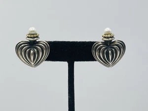 Lagos Caviar Sterling Silver & 18k Gold Pearl Heart Omega Back Earrings - Picture 1 of 7
