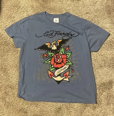 Camiseta Ed Hardy Para Hombres XL Azul Estrás Águila Rosa Floral Gráfico Logo Foto 1 de 4