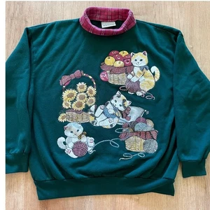 VTG 90s Kitten Cat Yarn Fall Sweatshirt Green Turtle Neck Cottage size L - Picture 1 of 8