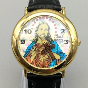 Pearl Jesus Sacred Heart Uhr 34mm goldfarben Lederband neue Batterie - Bild 1 von 16