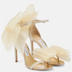 New JIMMY CHOO Aveline 100 bow-trimmed sandals hotfix Crystal embellished $1,550 - Picture 1 of 15