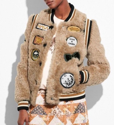 Giacca COACH Shearling Varsity Letterman con toppe beige crema taglia 2