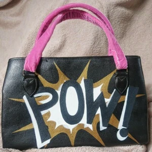 Vintage Black Leather CZECHOSLOVAKIAN POW! 50'S Handbag 13"Wx8"Hx3"D - Picture 1 of 7