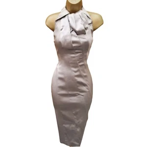 UK 14 KAREN MILLEN Champagne Satin Halterneck Ascot Cocktail Races Pencil Dress - Picture 1 of 8