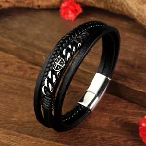 Men's Leather Braided Compass Star Stainless Steel Bracelet Magnetic Punk Bangle - Picture 1 of 6