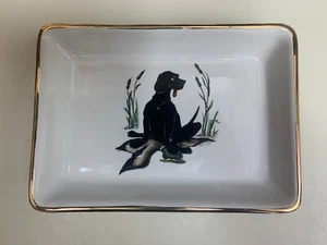 Delano Studios Hunde- & Entenschale. Handkoloriert. Goldrand. 7”x5” 1962. 🐕‍🦺🦆🍽️ - Bild 1 von 3