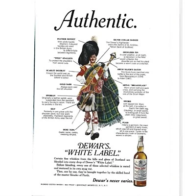 Dewars 白色标签苏格兰威士忌 Kilt 广告 20 世纪 70 年代复古印刷广告 9 英寸 — 第 1/2 张图片