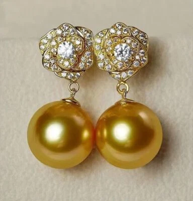 Stunning Aaa+14mm Natural Gold Round Tahitian shell  Pearl Earrings S925 - Image 1 of 4
