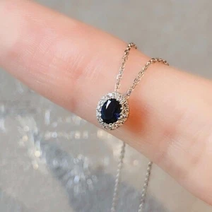 Halo Women's Pendant 1.52Ct Oval Cut Lab-Created Sapphire 14K White Gold Plated - Picture 1 of 5