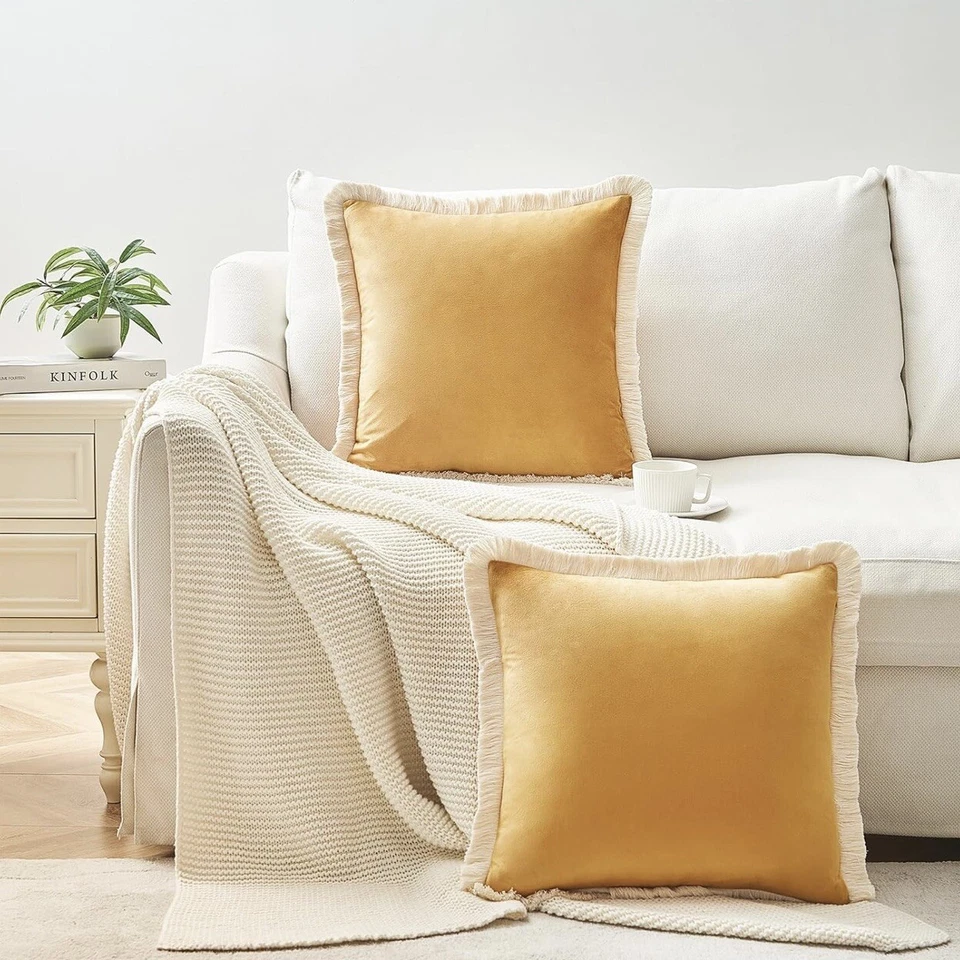 Novo Conjunto West Elm 2 Veludo Amarelo Boho Franja Fronha Capa Fossa 18x18 - Imagem 1 de 4