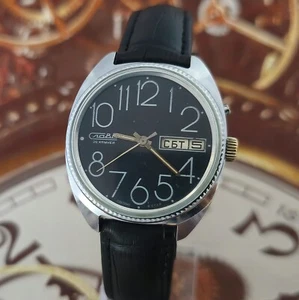 Vintage WATCH USSR SLAVA 2428 Black Dial SOVIET Wristwatch 26 Jewels Day/Date - Picture 1 of 24