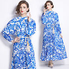 New Vintage Baroque Print Stand Neck Loops Long Sleeve Women Casual Maxi Dresses