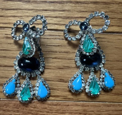 Vtg Mimi di Niscemi Couture Turquoise Blue Rhinestone Crystal Lucite Earrings - Image 1 of 4