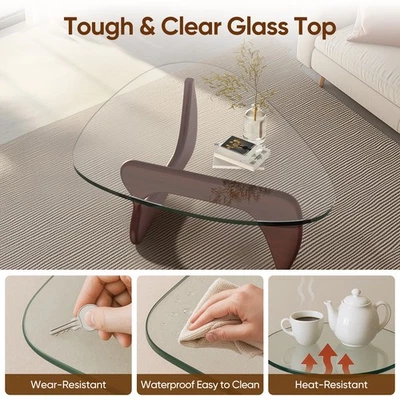 Vintage Noguchi Style 0.8" Thick Glass Coffee Table Solid Wood For Living Room - Image 1 of 4