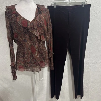 Ralph Lauren Sz 12  Exquisite Fine SILK Paisley Ruffled Blouse Shirt & pants 2pc - Image 1 of 4