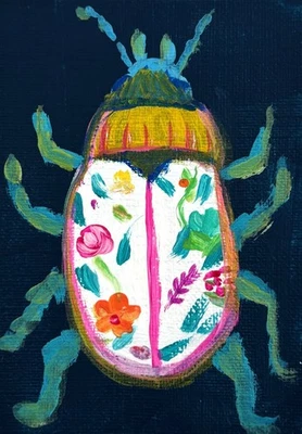 ACEO Original, Arte Abstracto de Insectos, Escarabajo Insecto Floral Mini Pintura Foto 1 de 2
