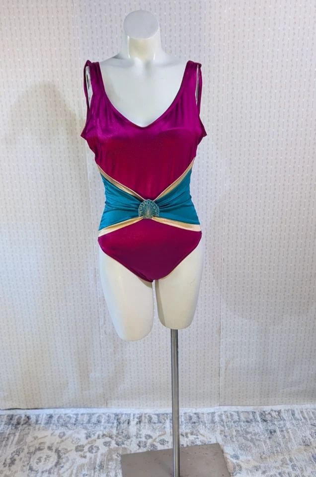 Traje de baño vintage años 80 Mermaid Core S rosa magenta y verde concha Foto 1 de 4