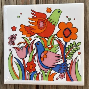 Azulejo Cathay Vintage Cerámica Pájaros y Flores Retro Años 70 Rojo Verde Rosa Azul - Imagen 1 de 5