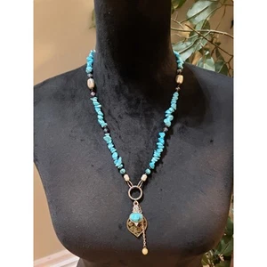 Womens Turquoise Stone Beads Filigree Lariat Pendant Necklace Jewelry w/ Lobster - Picture 1 of 6