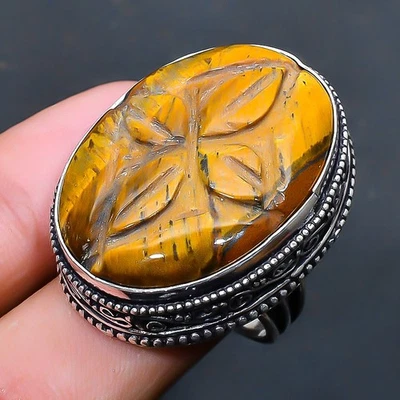 Anillo de joyería hecho a mano con piedras preciosas ojo de tigre talla 8 de EE. UU. n778 Foto 1 de 3