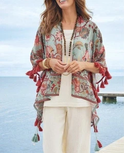 Soft Surroundings Floral Duster Shawl Fringe Embellished L/XL Boho Hippie Artsy - Picture 1 of 11