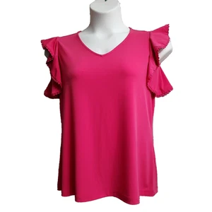 Susan Graver Woman's M Pink liquid knit TOP cold shoulders crochet trim V neck - Picture 1 of 10