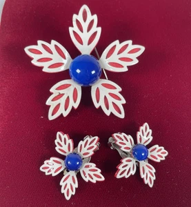 Vitg 3D rot weiß blau patriotisch Flower Power Anstecknadel Brosche Clip-On Ohrringe Set - Bild 1 von 8