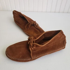 Minnetonka Lace Up Fringe Brown Booties Moccasins Suede Leather Mens 11.5 USA - Picture 1 of 6