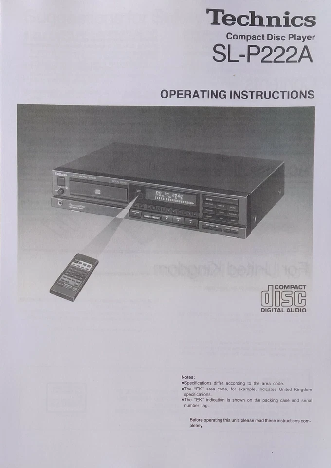 Technics SL-P222A Compact Disc CD Player - Operating Instructions - USER MANUAL - Image 1 of 1