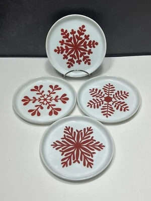 Crate & Barrel Set 4 Appetizer Plates White W Red Snowflakes Round Ceramic 5.25" - Image 1 of 4