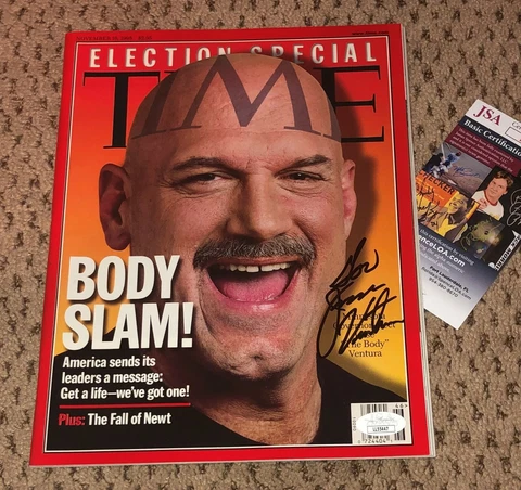 JESSE VENTURA SIGNED TIME MAGAZINE AUTOGRAPH MINNESOTA GOVERNOR AUTO JSA WWF WWE Cover