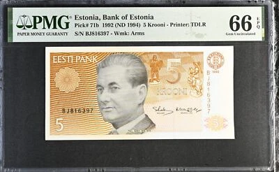 Estonia 5 Krooni 1992 ND 1994 P 71 b Gem UNC PMG 66 EPQ - Image 1 of 3