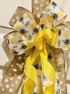 10" Hand Made Wired Yellow &black Bee Wreath Bow -Summer craft color year-round - Picture 1 of 4