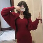 Robe pull rouge femmes tricotées robe bodycon sexy V col épaule robe midi