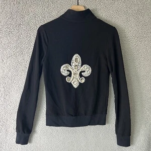 BOSTON PROPER Y2K Bling Hoodie Womens Small Black Fleur De Lis Rhinestone Jacket - Picture 1 of 11