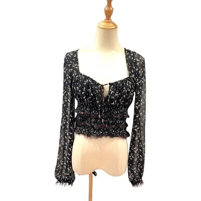 Free People Lolita Negro Floral Calado Top Pequeño Campesino Boho Cottage  Foto 1 de 4