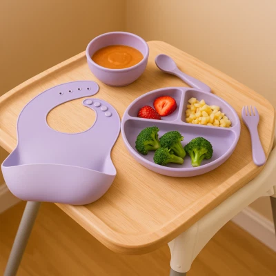 Juego de alimentación para bebé 100 % silicona - Ventosa, cuenco, cuchara, tenedor y babero - 6 piezas Foto 1 de 4