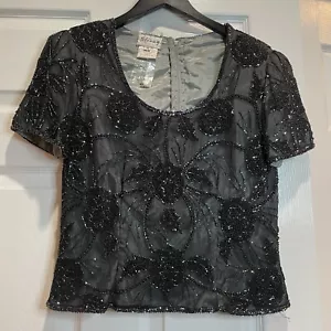 Stenay Vintage NWT Women's M Black Silk Beaded Short Sleeve Zip Back Top FLAW - Picture 1 of 14