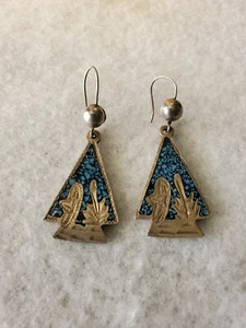 Vintage Signed RVE-MV-29 Mexico Inlay Turquoise Sterling Silver Earrings Dangle - Picture 1 of 5
