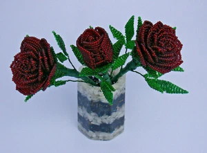 HANDMADE FRENCH BEADED BURGUNDY OPEN ROSE BUD CLOSED ROSE GIFT IDEA AUS MADE - Picture 1 of 9