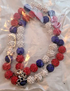 NAVY & SILVER & Cranberry bobble BASEBALL BLING NECKLACE 20" max closure length - Picture 1 of 1