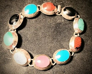 VINTAGE SOUTHWESTERN STERLING SILVER TAXCO MEXICO OVAL MULTI-STONE LINK BRACELET - Picture 1 of 6