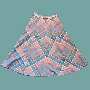 VINTAGE PLAID MIDI SKIRT muted colors unique paneled tartan wool? 0 XS 2E - Picture 1 of 4