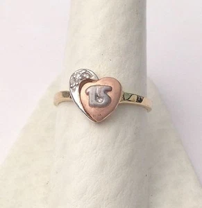 14k Yellow White Rose Gold Heart 15 Birthday Quinceanera Ring Band - Picture 1 of 11