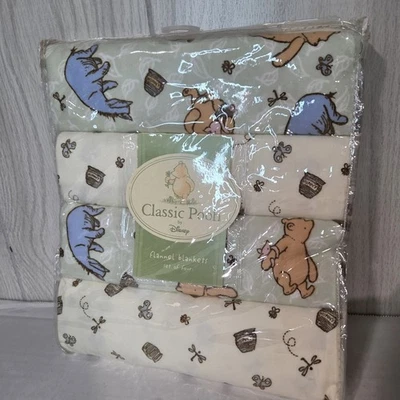 NEW Classic Pooh Set  4 Flannel Blankets Nursery Collection Baby Infant 30”x30” - Image 1 of 3